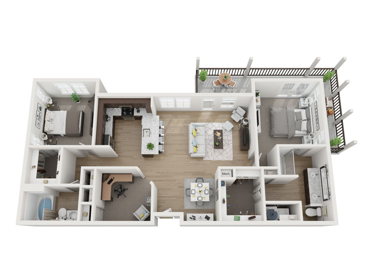 Floor plan for 2 beds, 2 baths, 1302 sqft